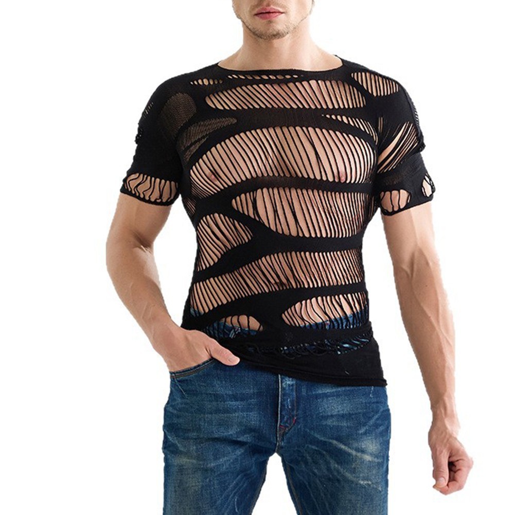 Trendy Men’s Hollow Out Mesh T Shirts with Short Sleeves and O Neck Design