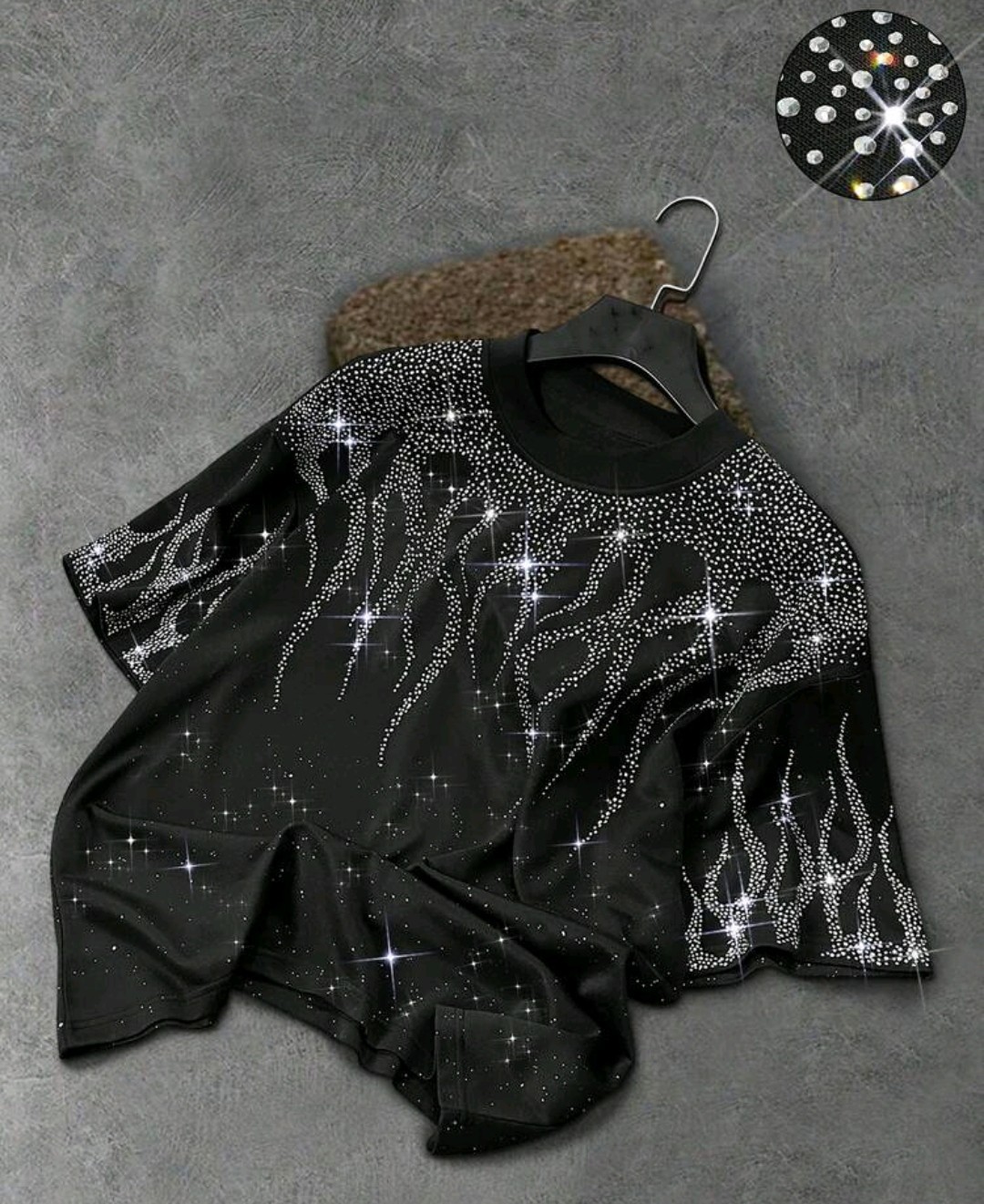 New Men Luxury Diamond Flame Rhinestones Fashion Black T-Shirt High Quality gallery