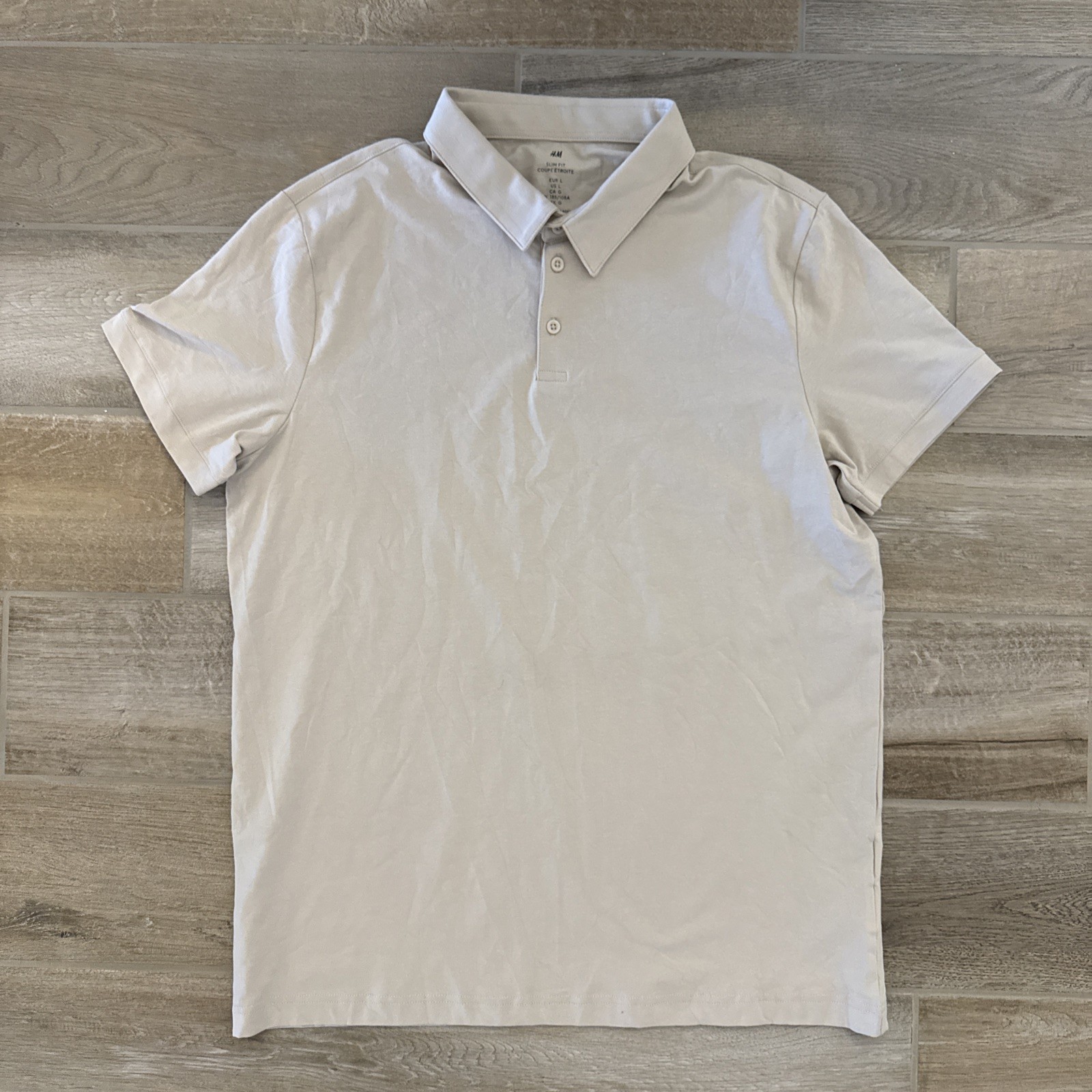 H&M Men's Slim Fit Polo Shirt Button + Spare Beige Size Large Stretch gallery