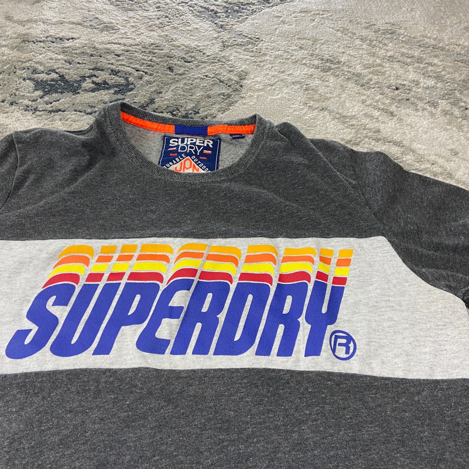 Y2K Superdry Triple Drop Pop Panel T Shirt Sz M Gray Logo Crew Neck Slim Fit gallery