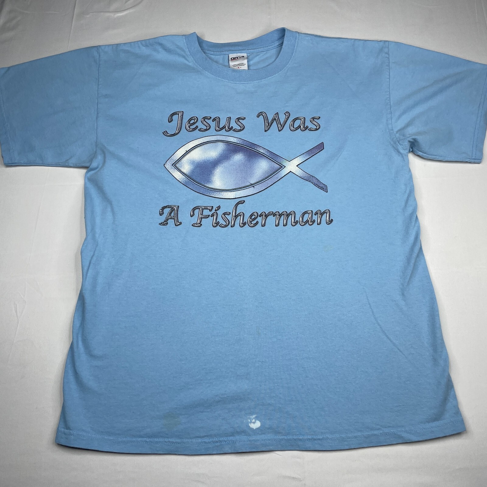 Vintage T Shirt Mens Large Blue Short Sleeve Tee Jesus Was A Fisherman gallery
