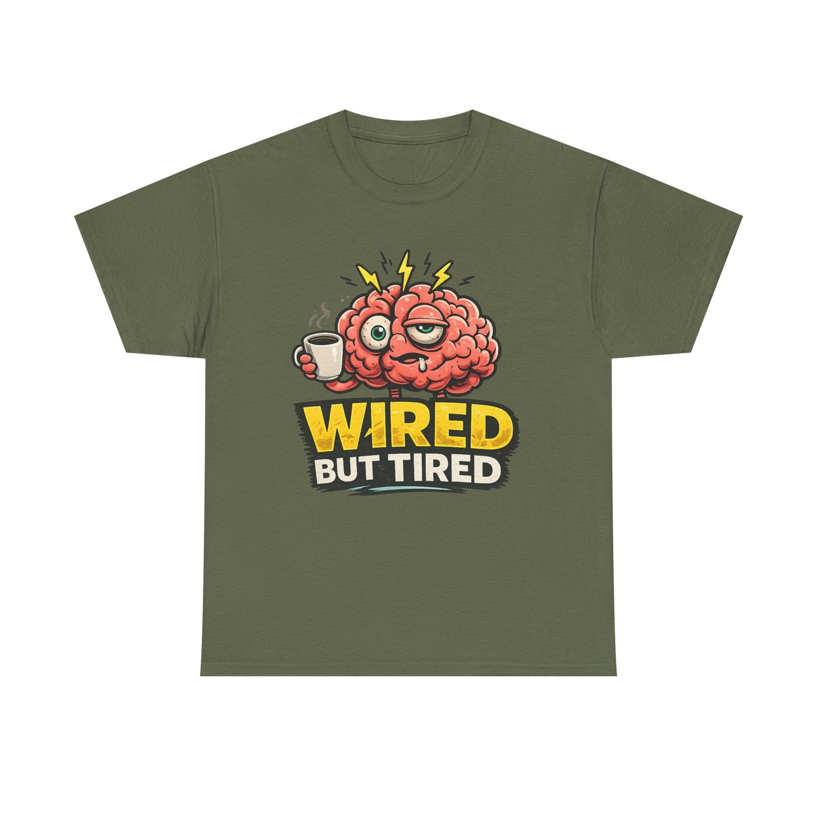 Wired But Tired Brain Graphic Tee | Coffee Cartoon Brain