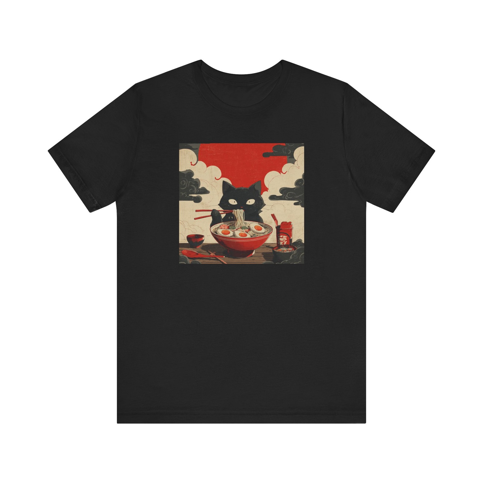 Kawaii Black Cat Ramen Noodle T-shirt, Japanese Anime Manga Style Graphic Tee