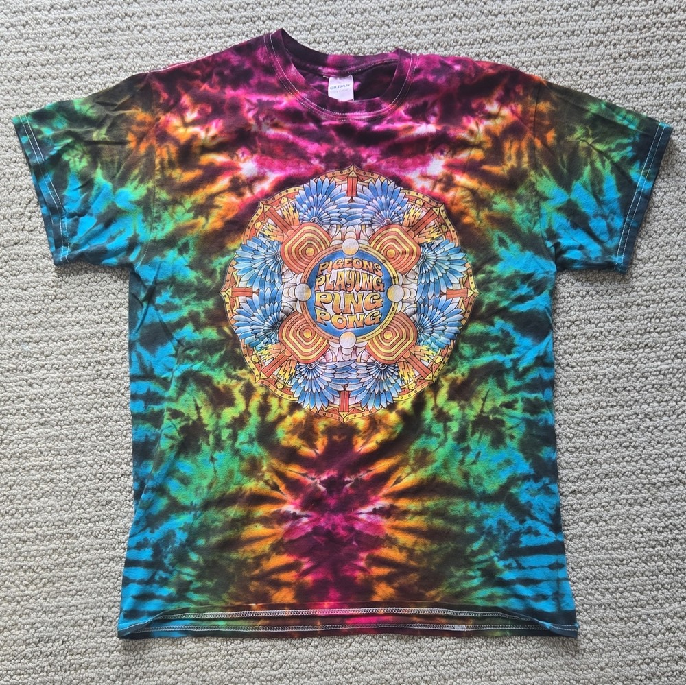 Pigeons Playing Ping Pong Tie-Dye 100% Cotton Gildan Crew Neck Tee Medium