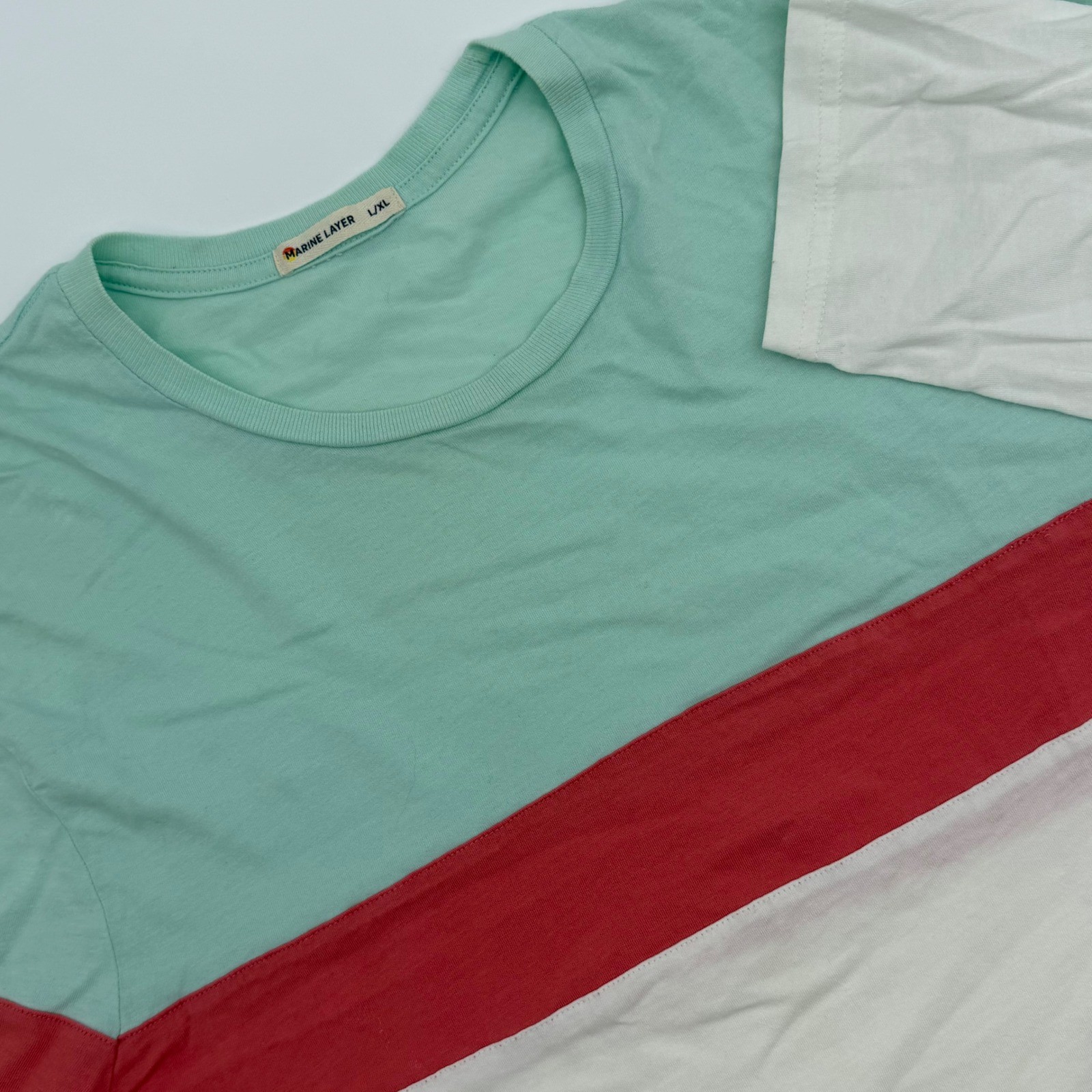 Marine Layer Mens Colorblock Jacob Long Sleeve Tee Mint Coral White L/XL 13398 gallery