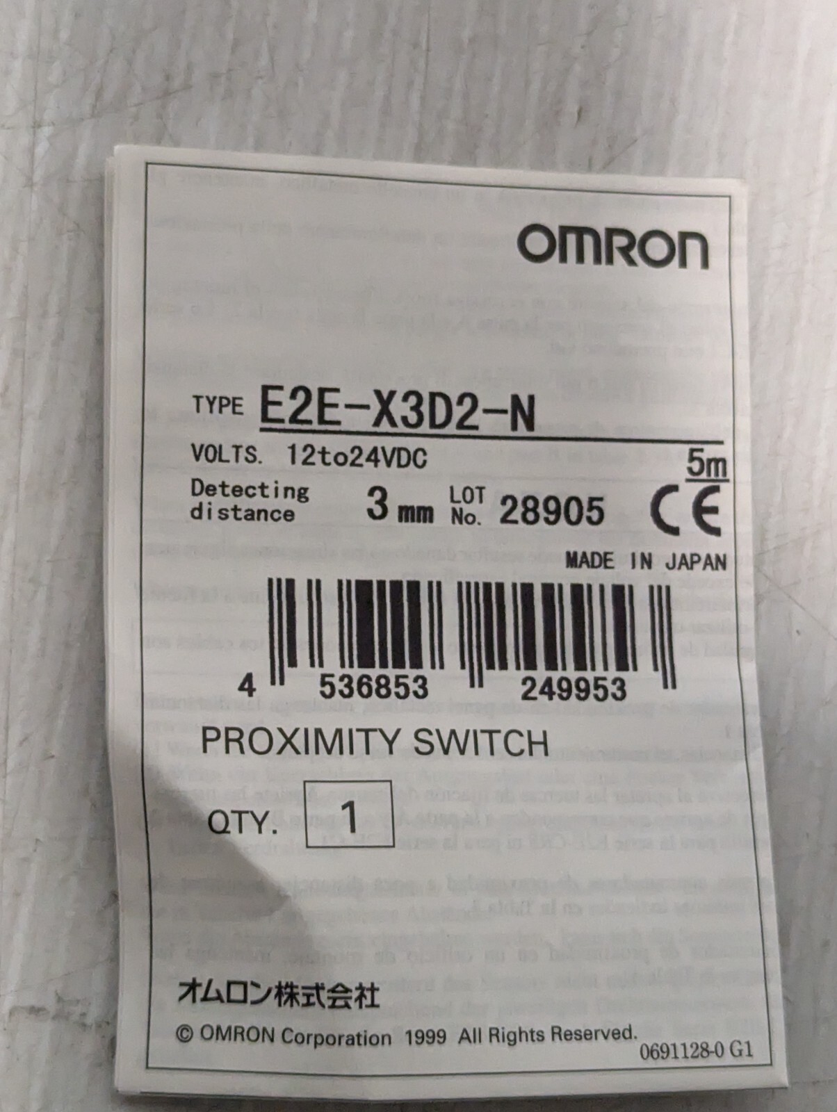 Omron E2E-X3D2-N Proximity Switch/ Sensor with Cable