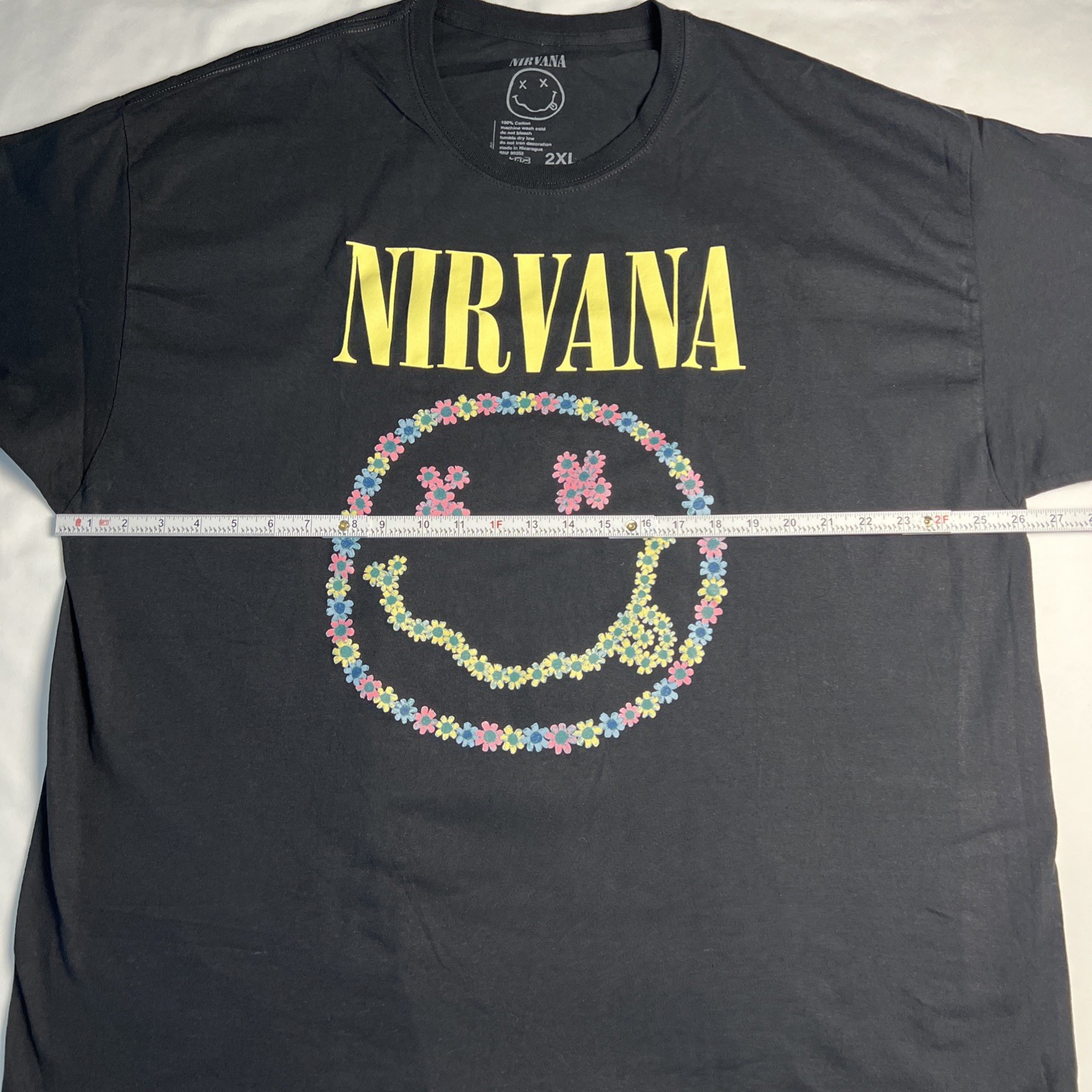 Nirvana Floral Smiley Face Logo Graphic Print Black 2022 T Shirt Mens Size 2XL gallery