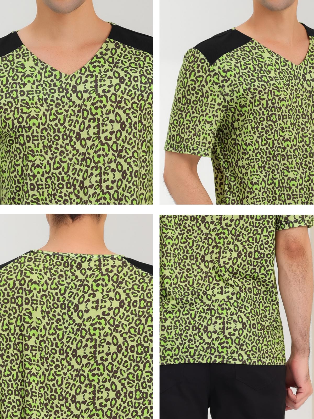 Men's V Neck Animal Print Short Sleeves T-Shirt Tops Green Black S gallery