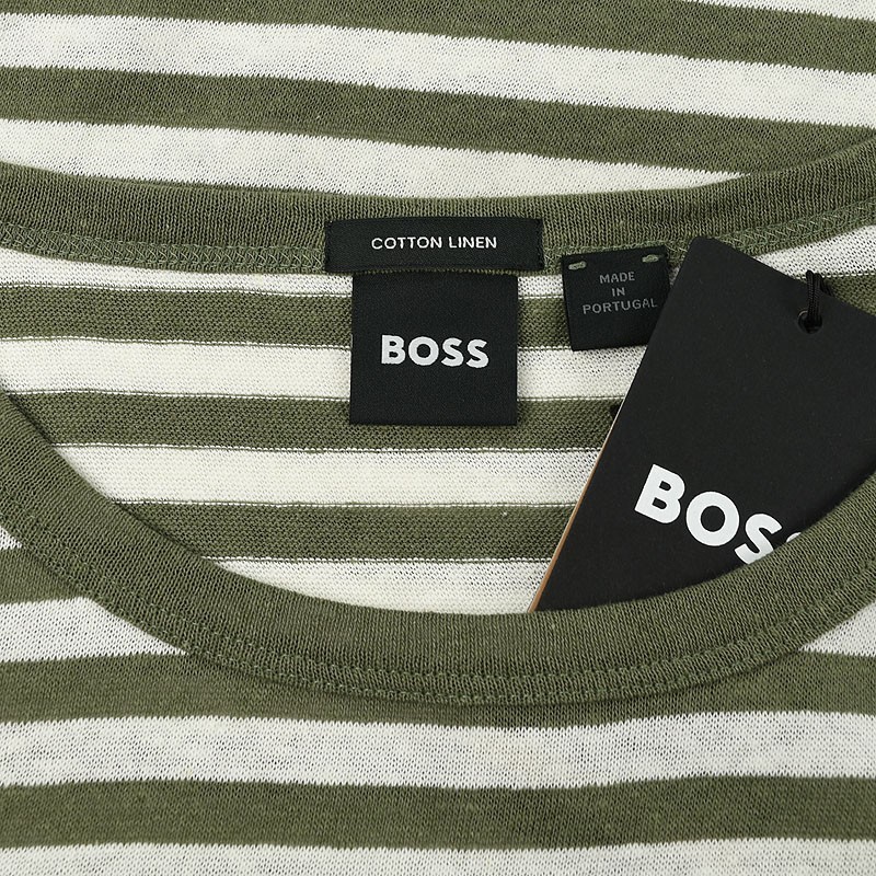 HUGO BOSS Green White Striped TIBURT Cotton Linen Crew Neck T Shirt LARGE NWT gallery