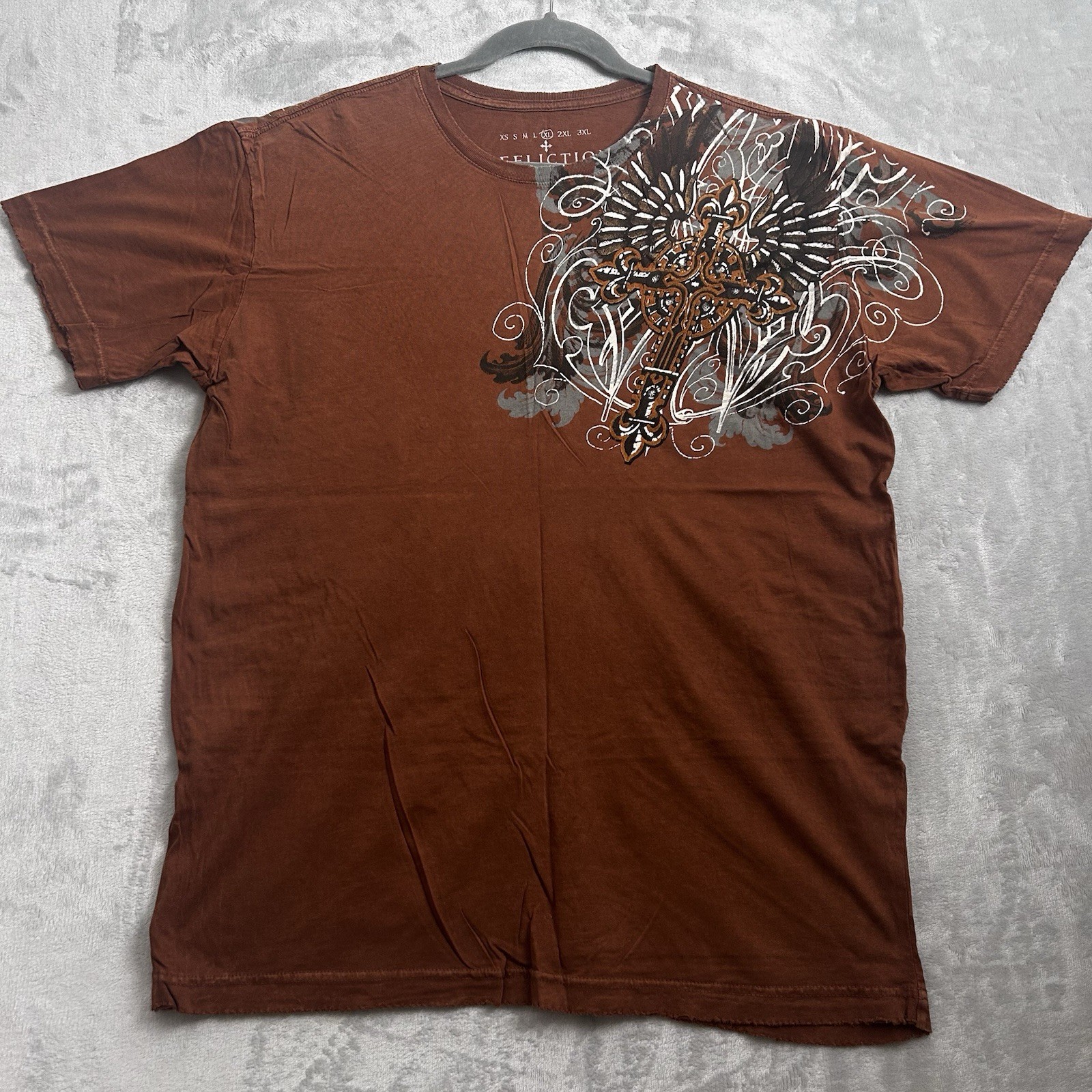 Vintage Affliction T-Shirt Mens XL Brown Los Angeles Cross Goth Wings Grunge Y2K