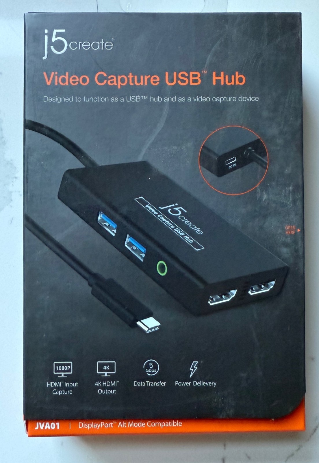 “Sealed Box” j5create Video Capture Card with PD 60W Charging, With Hub JVA01