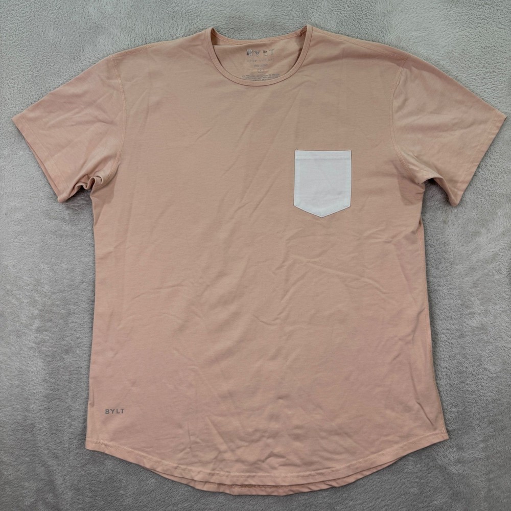 BYLT Basics Mens Large Drop Cut SS T-Shirt Peach Pink White Pocket Curved Hem