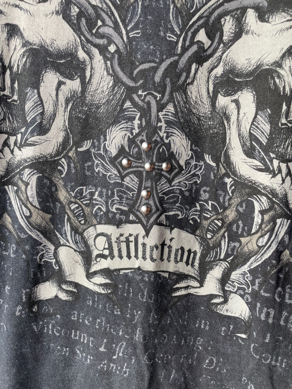 Affliction Double Skull Beaded Cross Graphic Black T-Shirt Men's Large gallery
