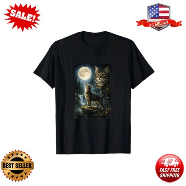 Funny Cat Art Design Cat Howling at The Moon T-Shirt S-3XL