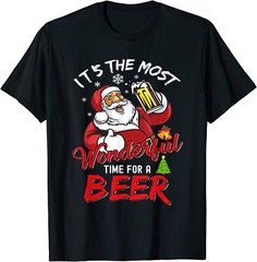 Funny Christmas Santa Claus Drinking Beer Wonderful Time T-Shirt S-5XL