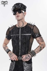 Devil Fashion Men Black Gothic Punk Spiked Mesh Splice T-Shirt Short Sleeve Tee