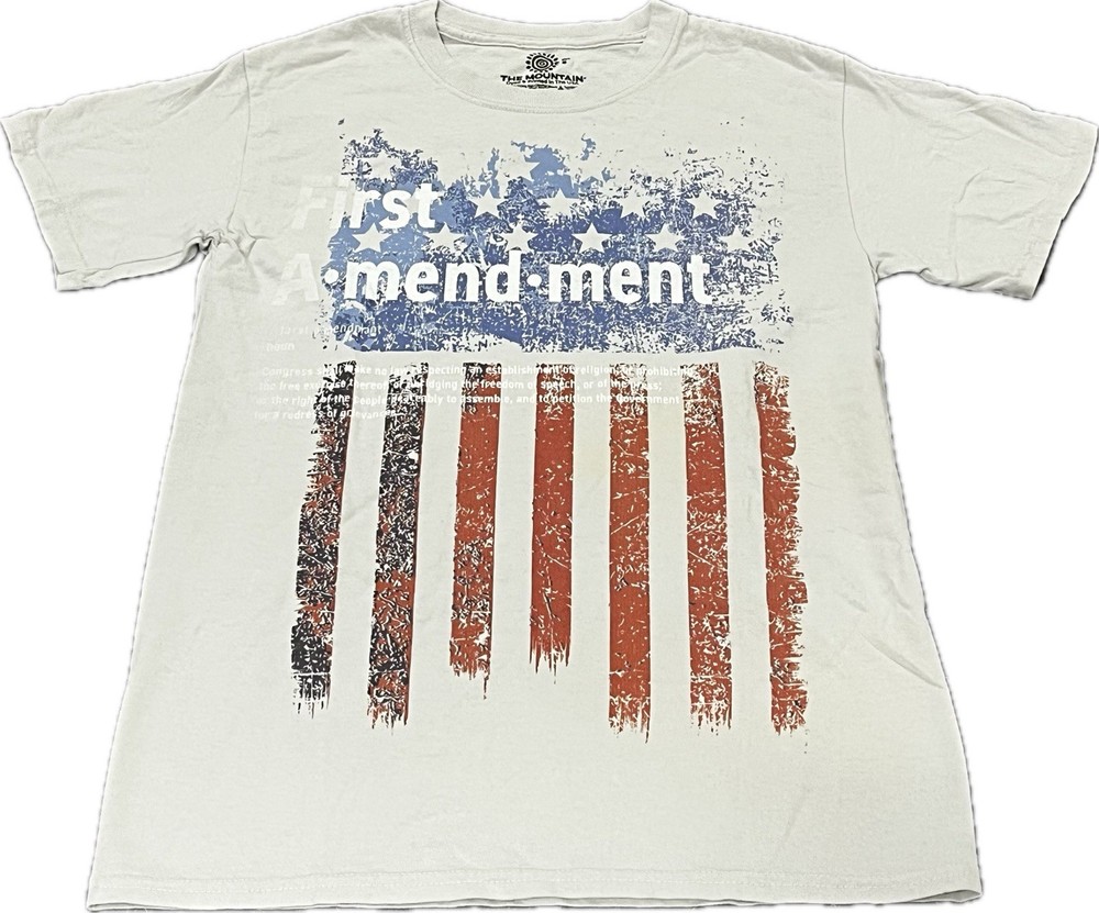 The Mountain First Amendment T-shirt, USA Flag, 100% Cotton, White, Small Eco