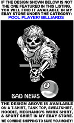 BE AFRAID BE VERY AFRAID Skull Skeleton Girl Billiards Pool Player T-shirt