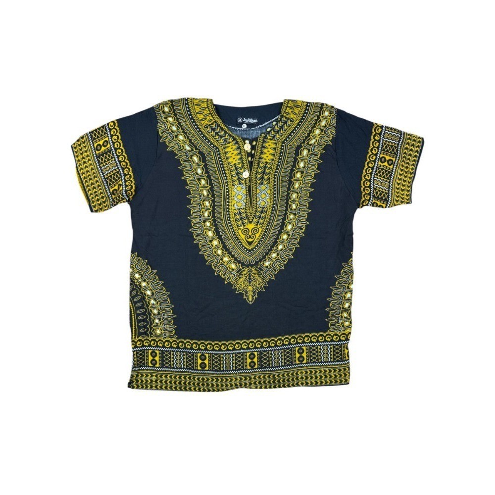 Batix Juragan African Dashiki Shirt Black Yellow Tribal V-Neck Mens XL Indonesia
