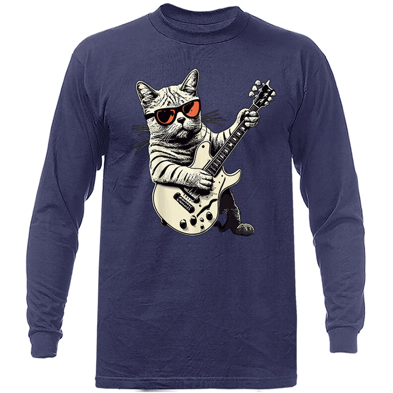 Cat Playing Guitar Rock Music Band Funny Animals Kitty Long Sleeve