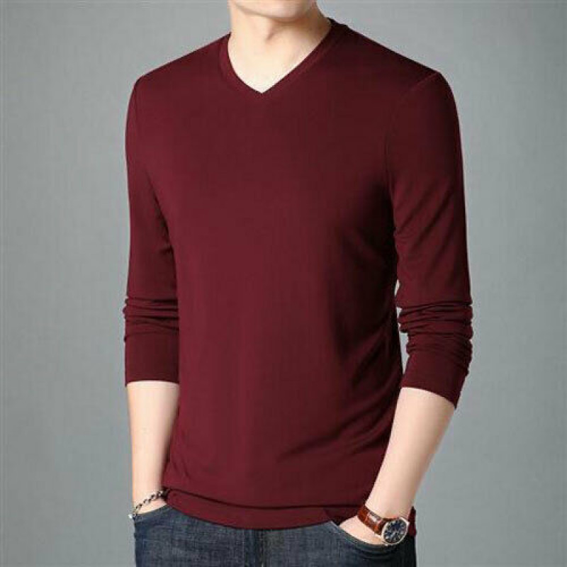 Men Men's Long-Sleeved V-Neck Shirt T-Shirt Pure Color Casual Pullover Tops gallery