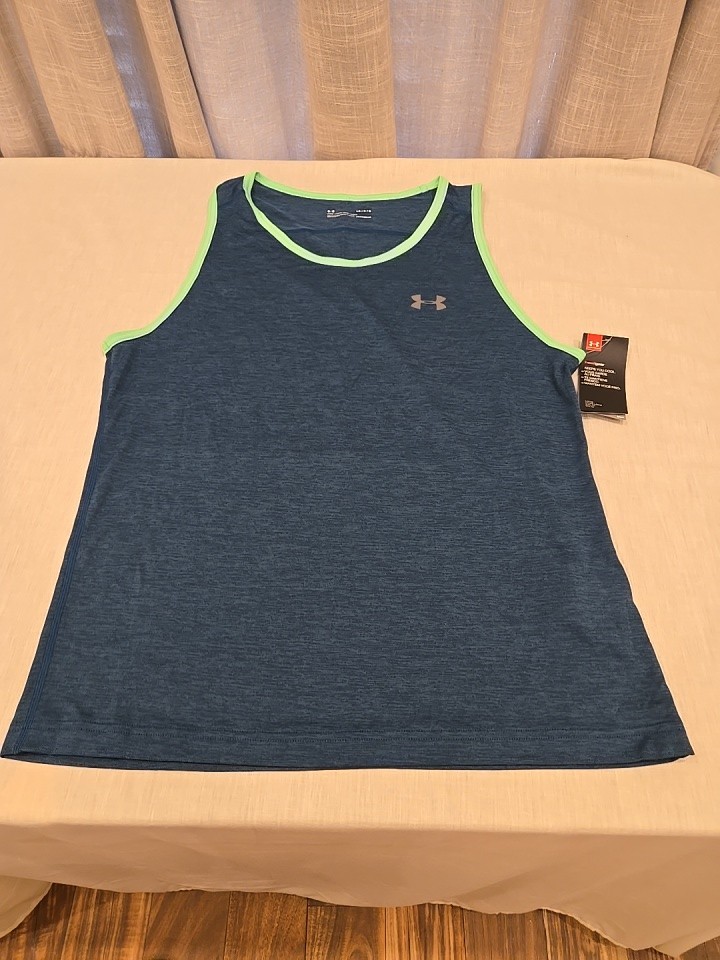 Sz L Under Armour Tech Tank HeatGear Dark Teal/Green Sleeveless Workout Shirt gallery