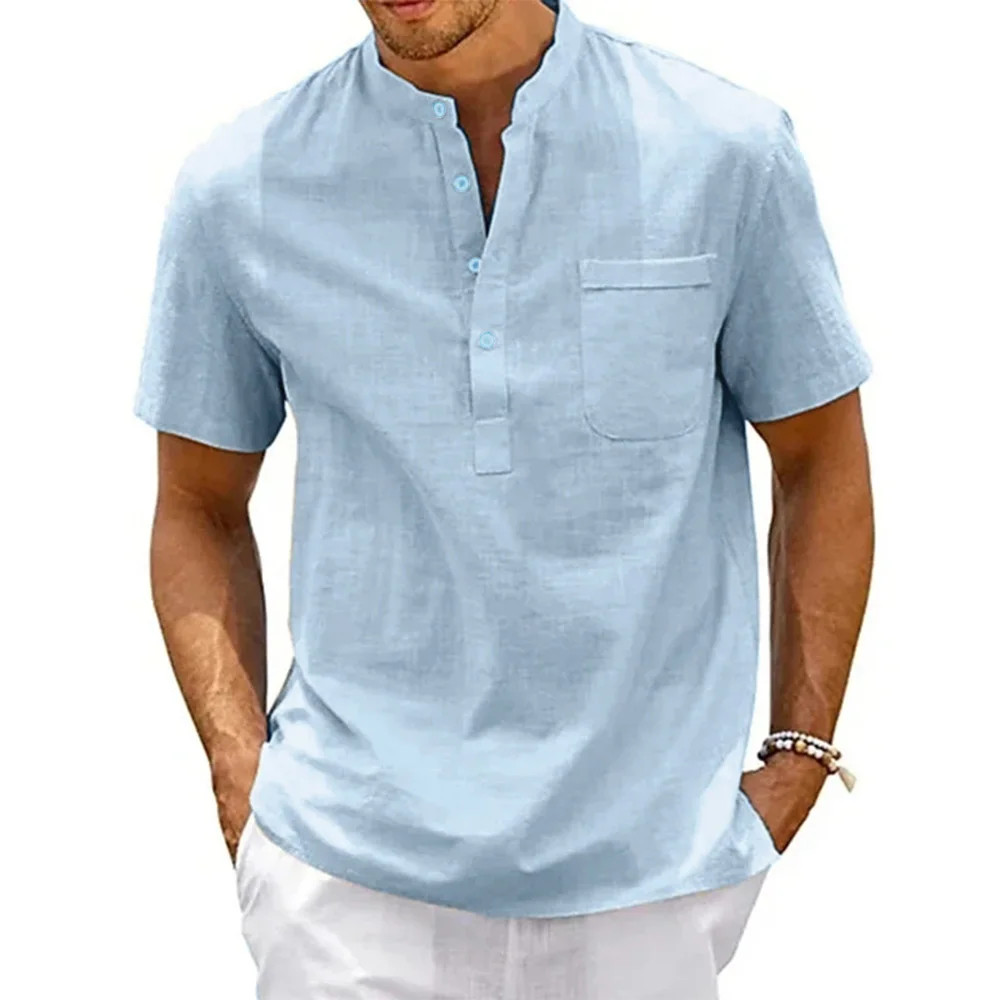 Cotton Linen Shirt Men Henley Neck Pocket Casual Beach Short Sleeve Solid Color gallery