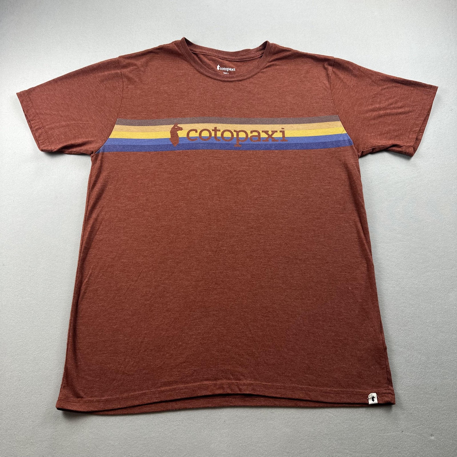 Cotopaxi T-Shirt Mens Large Orange Striped Logo Crewneck Short Sleeve Outdoor