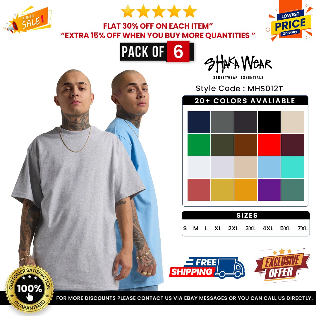 Pack Of 6 Shaka Wear MHS Mens Max Heavyweight Short Sleeve Oversized T-Shirt