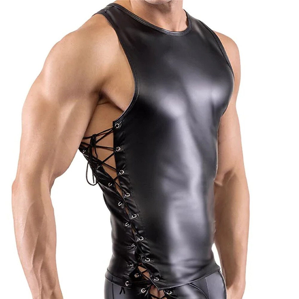 Men's PVC Leather Sleeveless T-shirts Vests Tops Lace-up Zipper Shorts Clubwear gallery