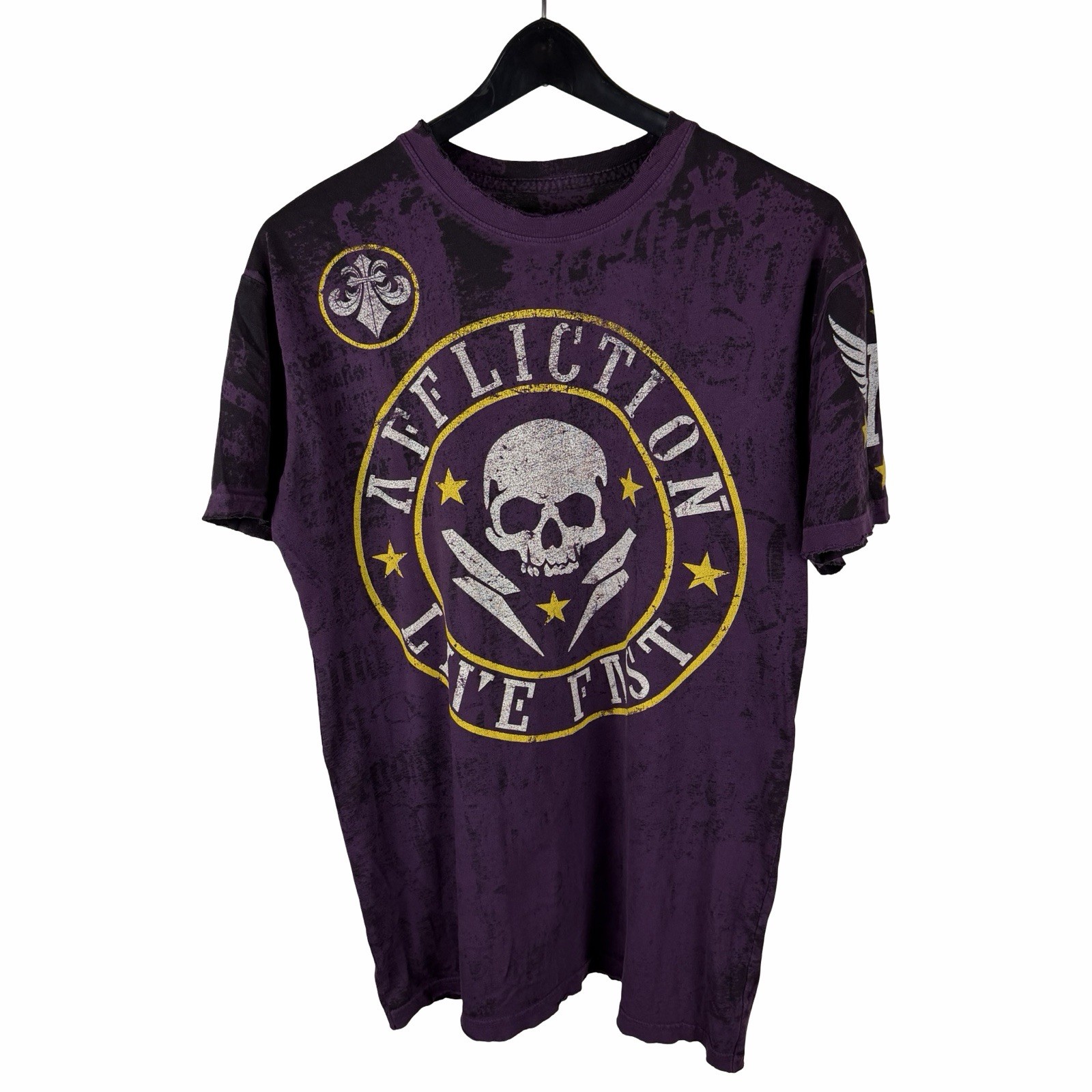 Mens Y2K Affliction Love Fist Grunge Punk Reversible Purple Shirt Size L
