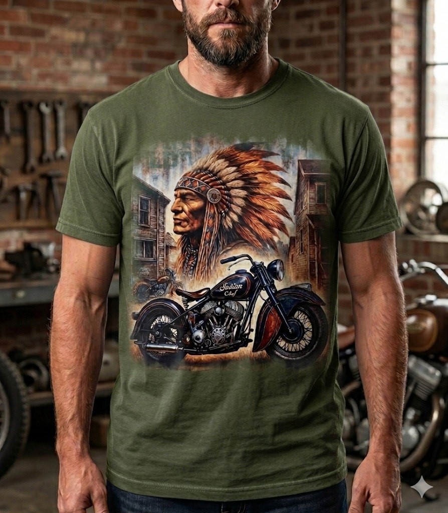 Vintage Indian Motorcycle T-Shirt Native American Chief Dark Blue Biker Tee gallery