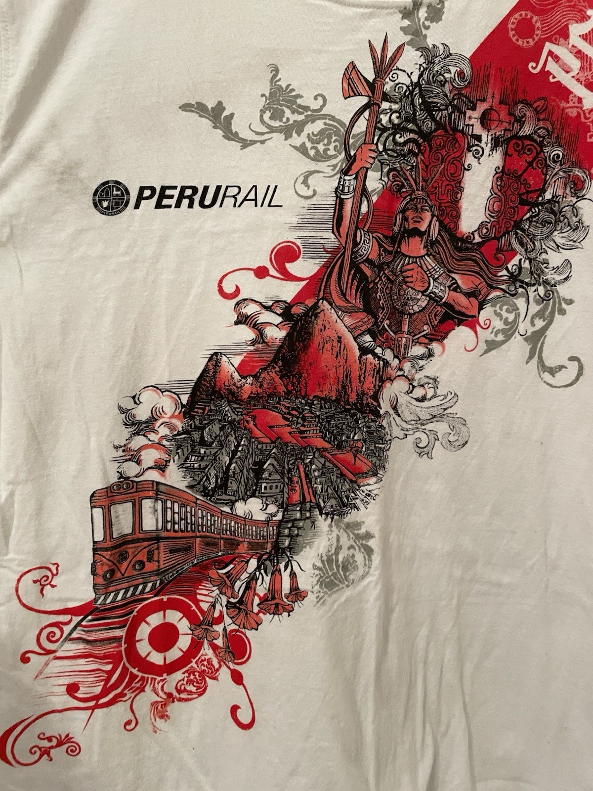 Peru Rail White Graphic Shirt Size XL Frutiger Metro Passenger Train Inca Empire gallery