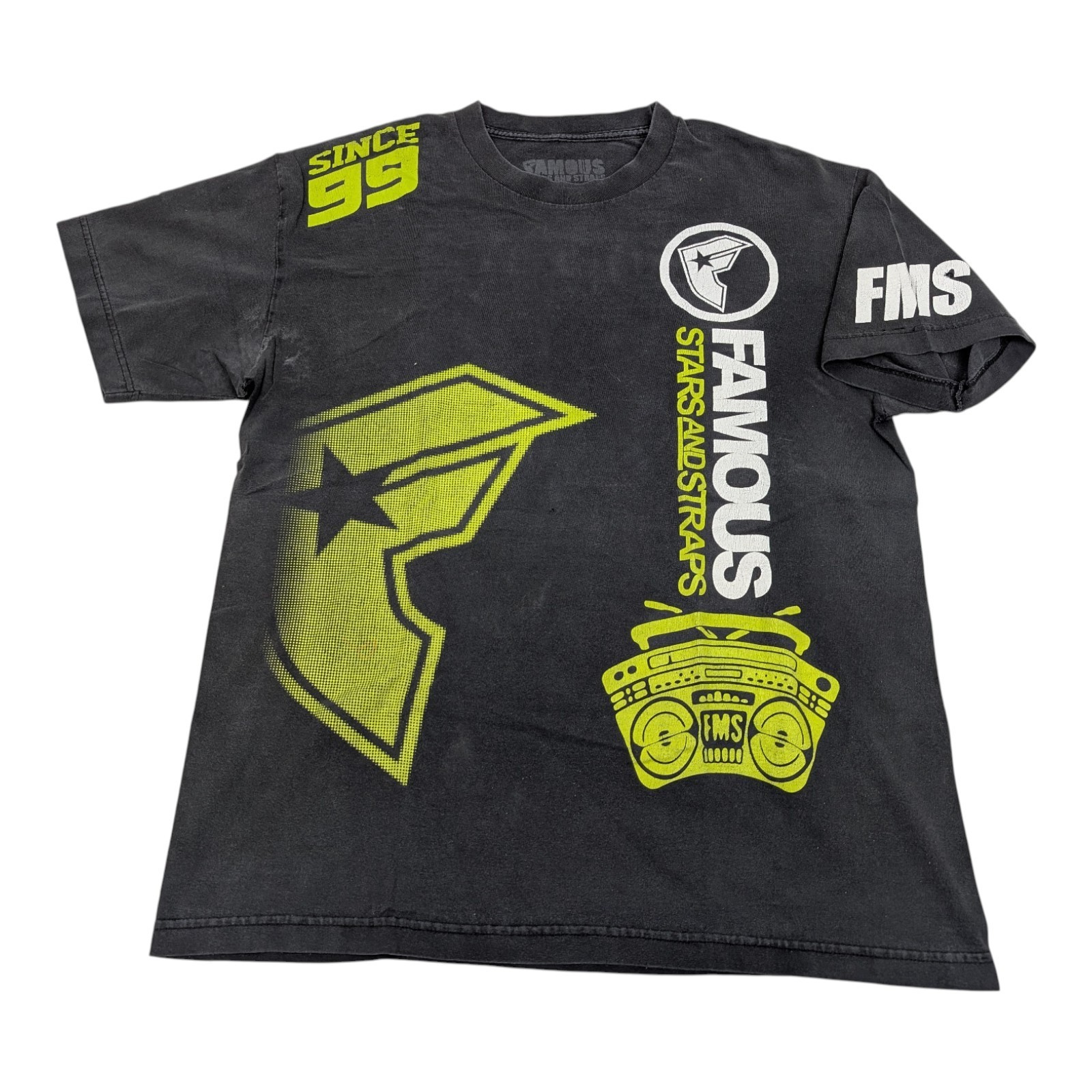 Vintage Y2K Famous Stars and Straps T-Shirt Large Black Green 99 FMS distressed