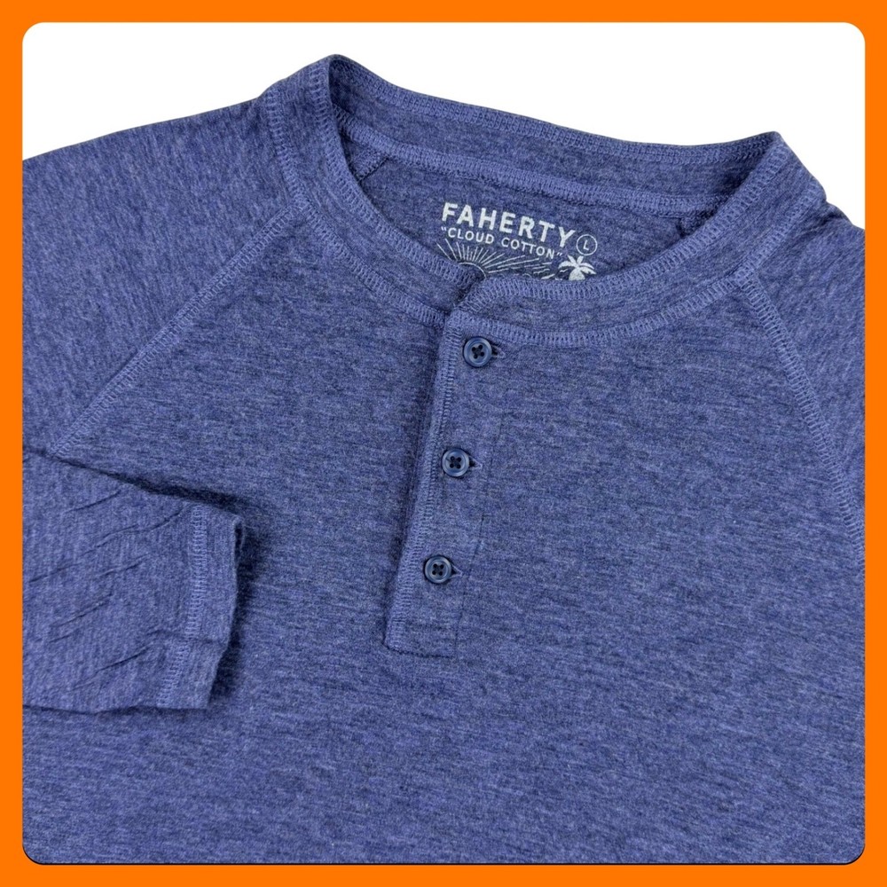 Faherty Cloud Cotton Henley Men Large Blue Heather Pima Cotton Peru Long Sleeve