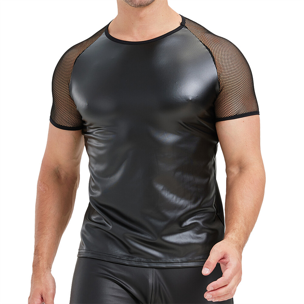 Men's Splicing Mesh Faux Leather Tops Slim Short Sleeve T-shirts Nightclub Tees gallery