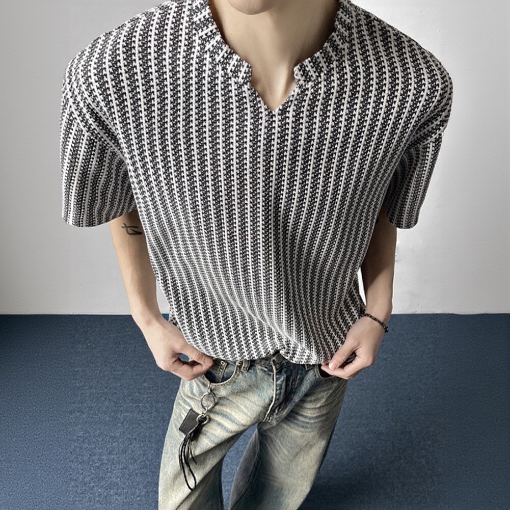 Men Casual Style Fishbone Texture V Neck T Shirt Loose Fit Striped Top L-4XL gallery