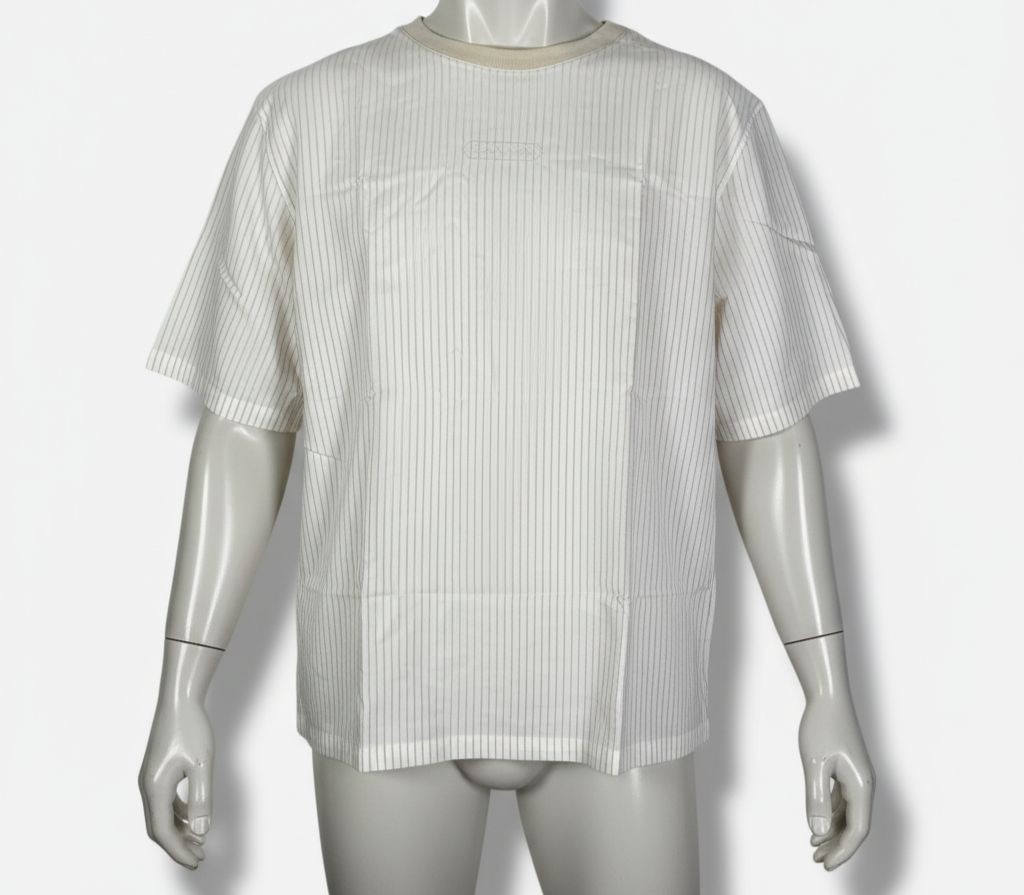 Lanvin Men’s White Vertical Stripe Short Sleeve Silk Blend Shirt Size 39