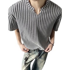 Men Casual Style Fishbone Texture V Neck T Shirt Loose Fit Striped Top L-4XL