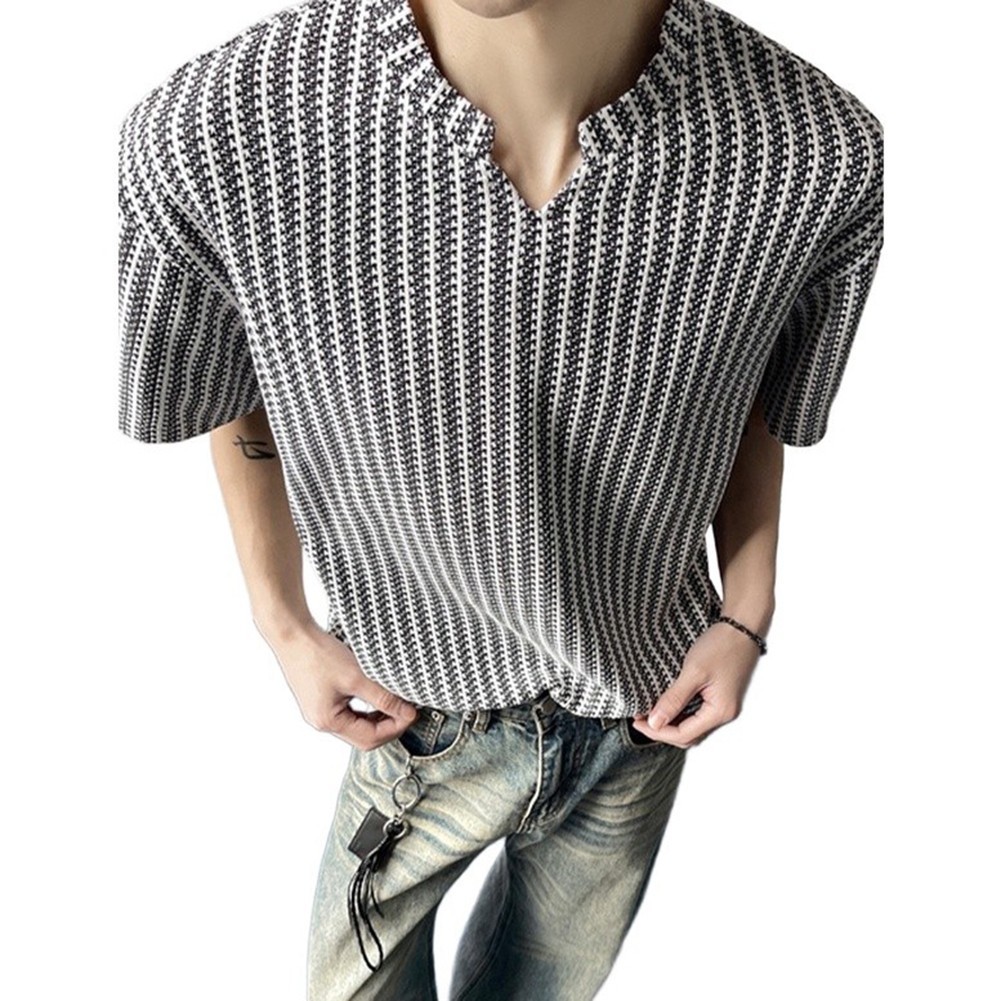 Men Casual Style Fishbone Texture V Neck T Shirt Loose Fit Striped Top L-4XL gallery