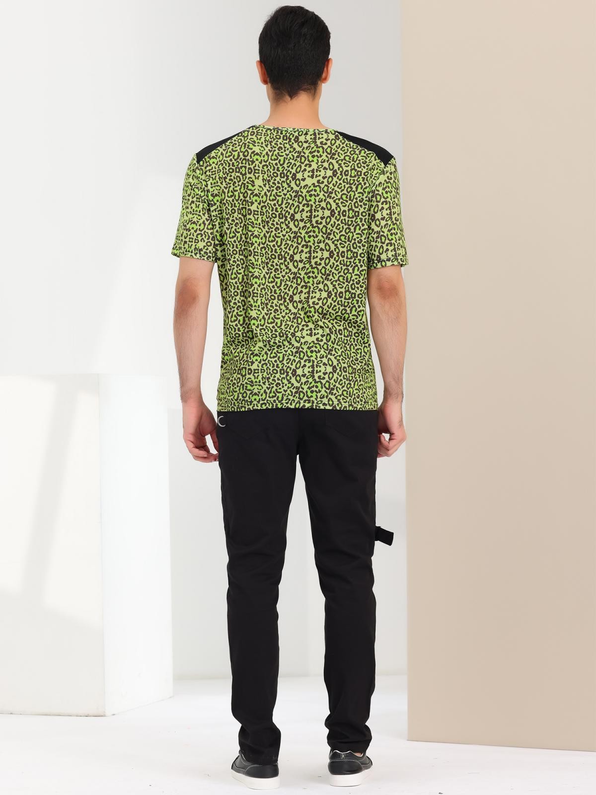 Men's V Neck Animal Print Short Sleeves T-Shirt Tops Green Black S gallery