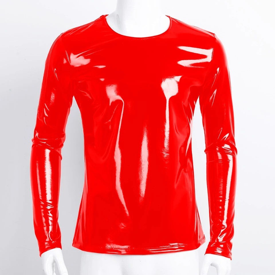 Mens Glossy PVC Leather T-Shirts Long Sleeve Shiny Wetlook Latex Tops Slim Tees gallery