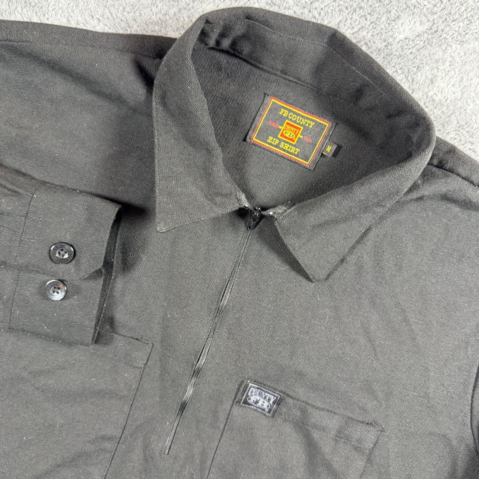 FB County Zip Shirt Mens Medium Black Half Zip Cargo Pocket Chicano Streetwear