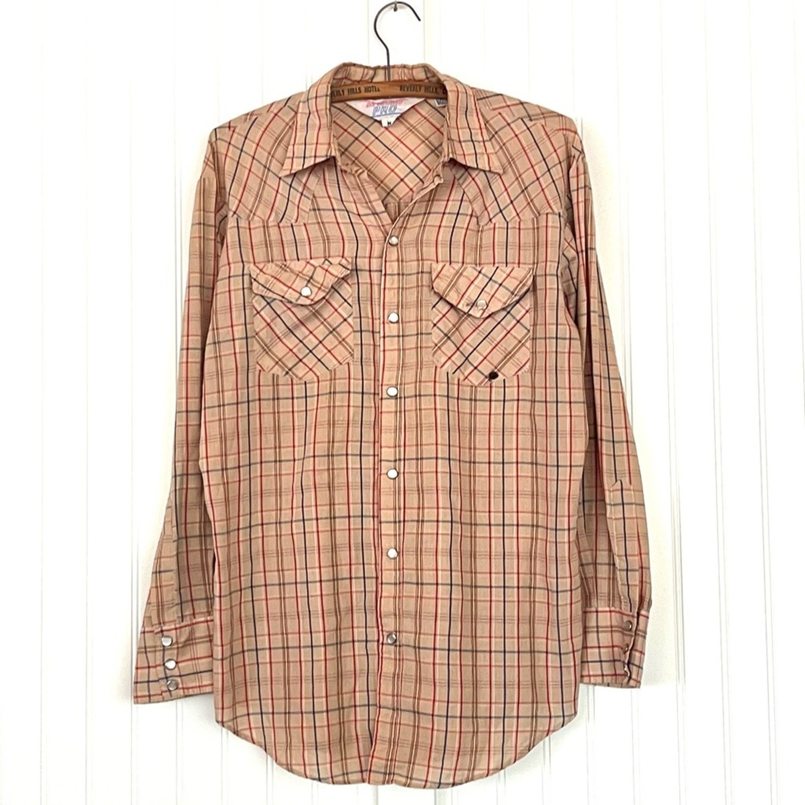 Vintage Men's Western Shirt Neutral Plaid Pearl Snaps Button Down Medium Rodeo gallery