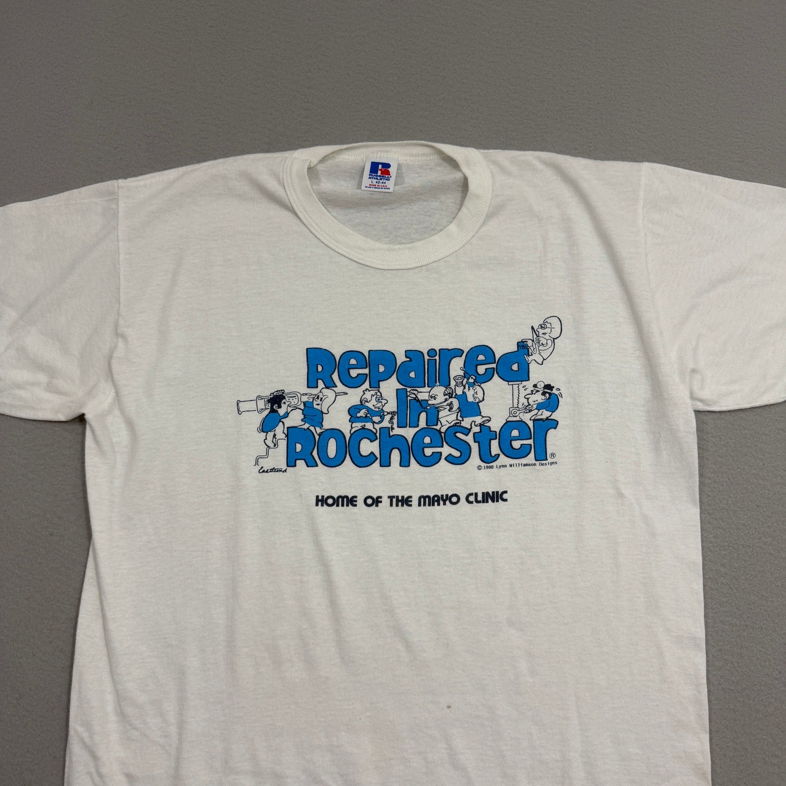 Vintage Russell Athletic Repaired in Rochester Shirt Large White 1988 Paper Thin gallery