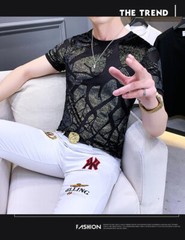 Men Fashion Bronzing Flocking Trend Slim Fit Velvet Summer Short Sleeve T-Shirt