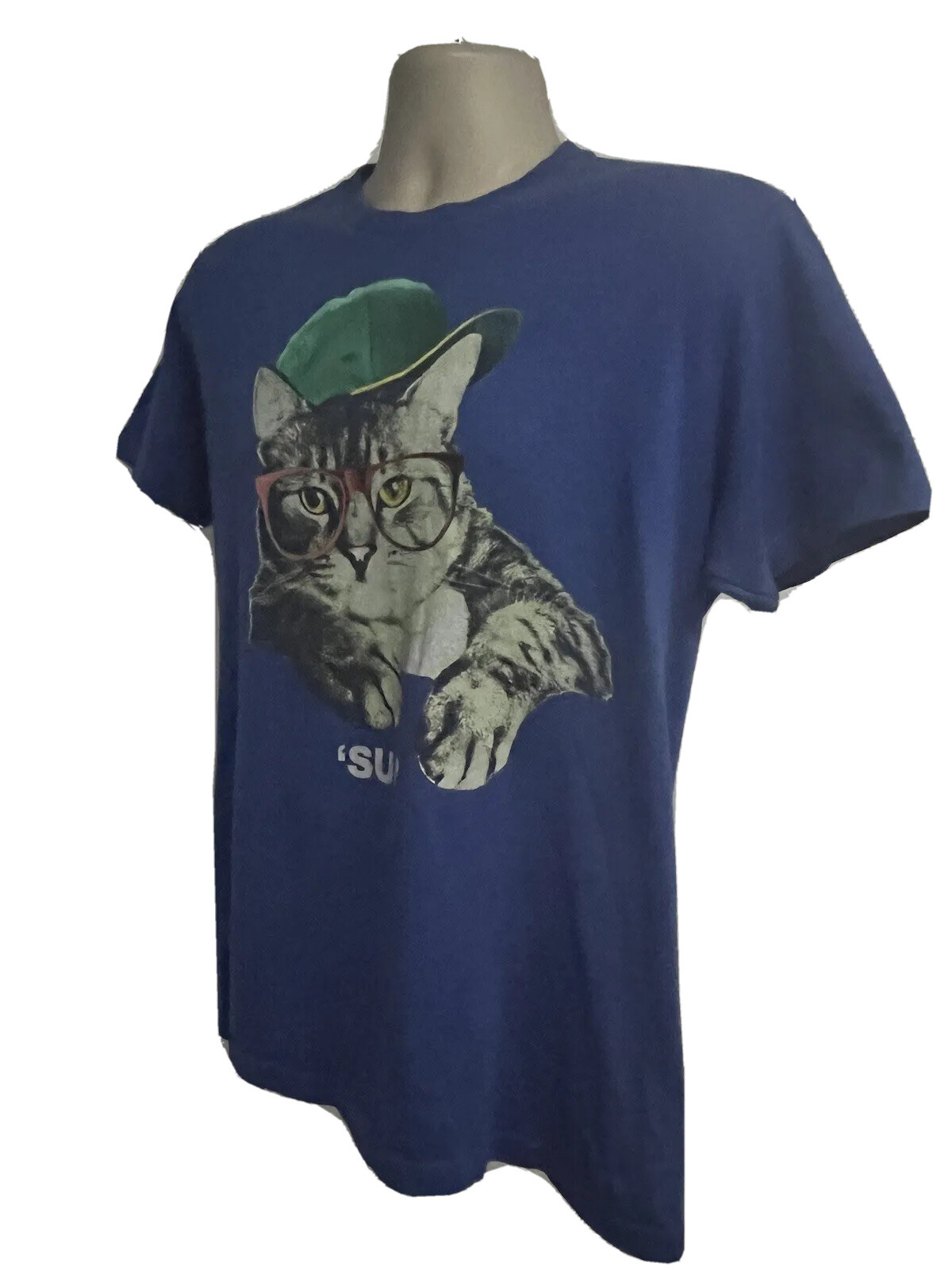 Hip Hop Streetwear Blue Graphic Novelty Cat T-Shirt Small Funny Animal Print gallery