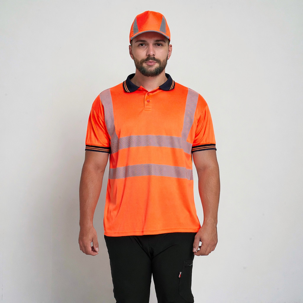 Mens Hi Vis Polo T-Shirt Short Sleeve Super Stretch Navy Collar Workwear Top gallery