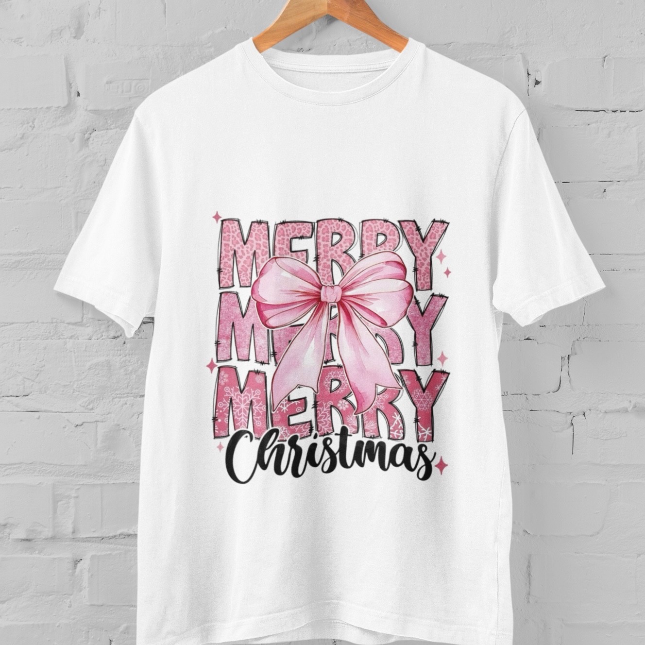 Merry Christmas Pink Bow Graphic Tee Cute Festive Holiday Aesthetic Unisex Winte gallery