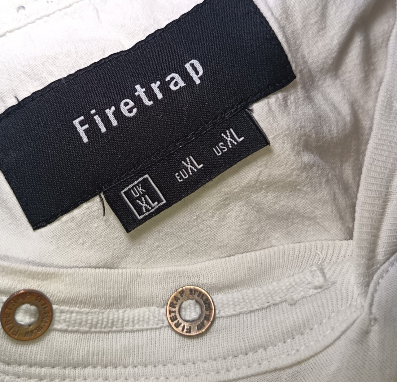Firetrap Mens Top White Size XL Henley Y2K 90s T-shirt Preppy Logo Spellout gallery